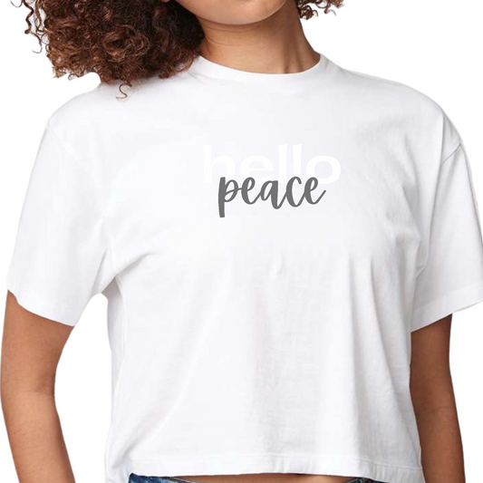 Womens Cropped Graphic T-shirt, Hello Peace White and Gray